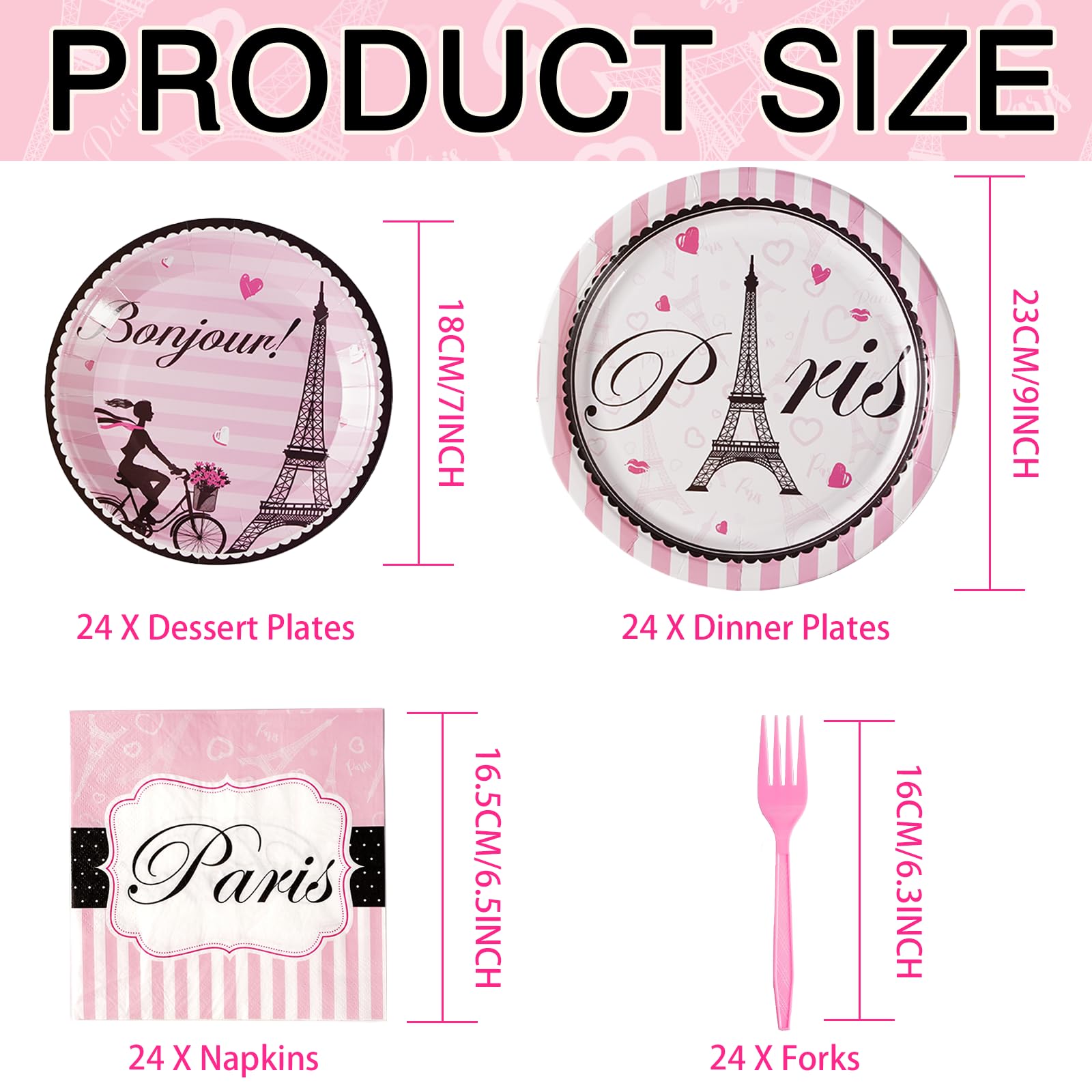 96 Pcs Paris Birthday Party Plates and Napkins - Grencian