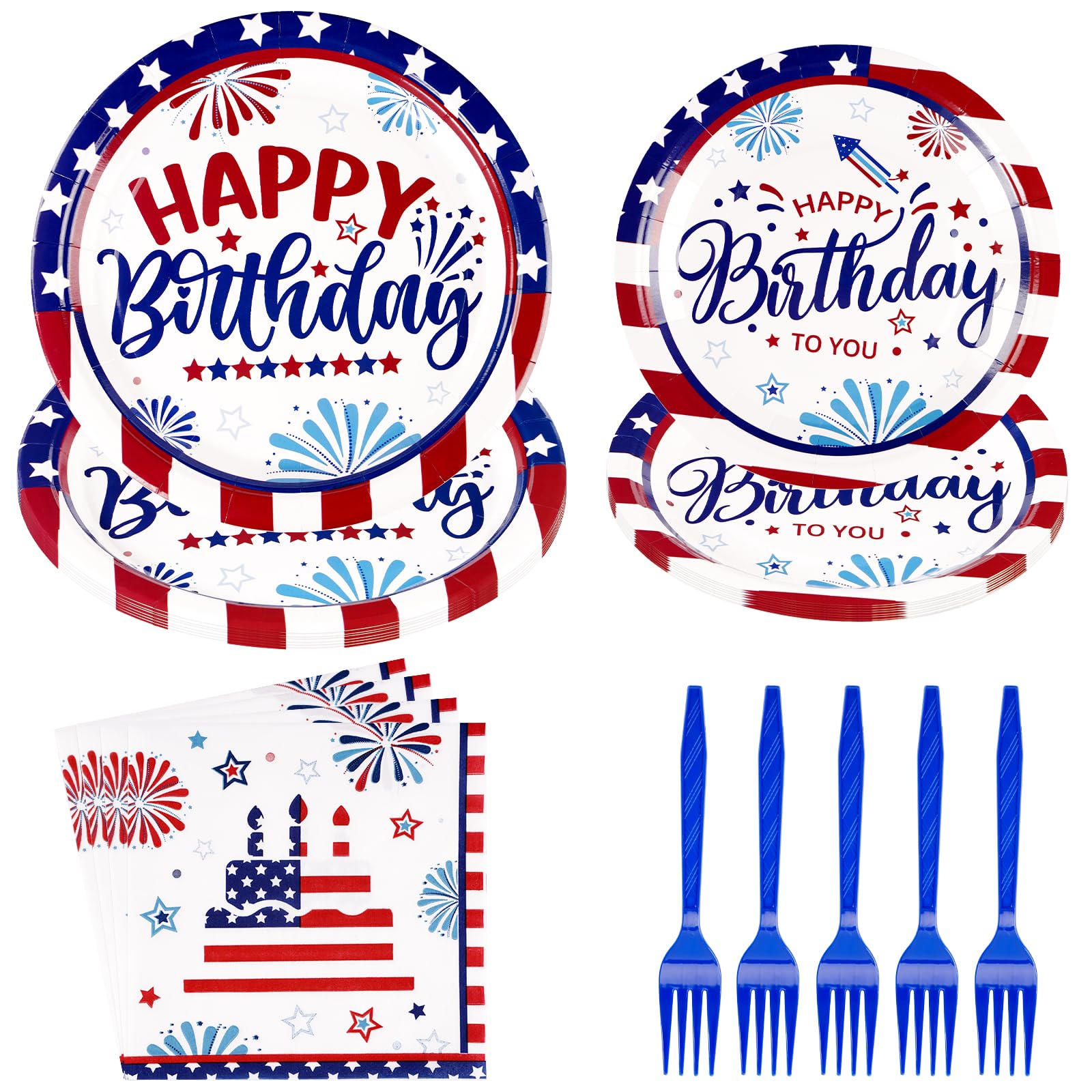 96 Pcs Patriotic Birthday Party Plates and Napkins - Grencian
