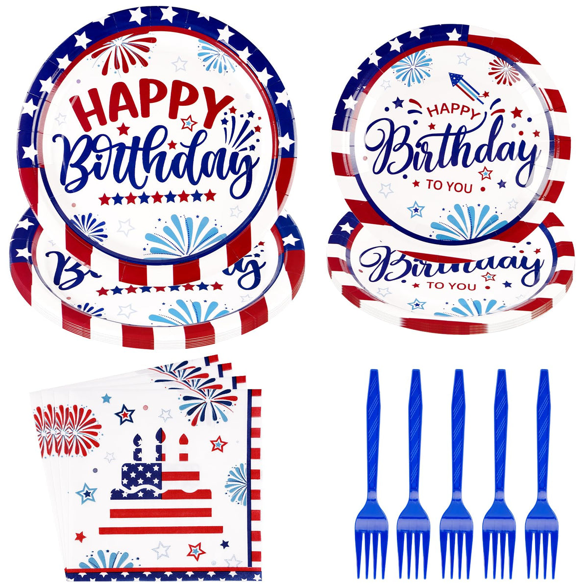 96 Pcs Patriotic Birthday Party Plates and Napkins - Grencian