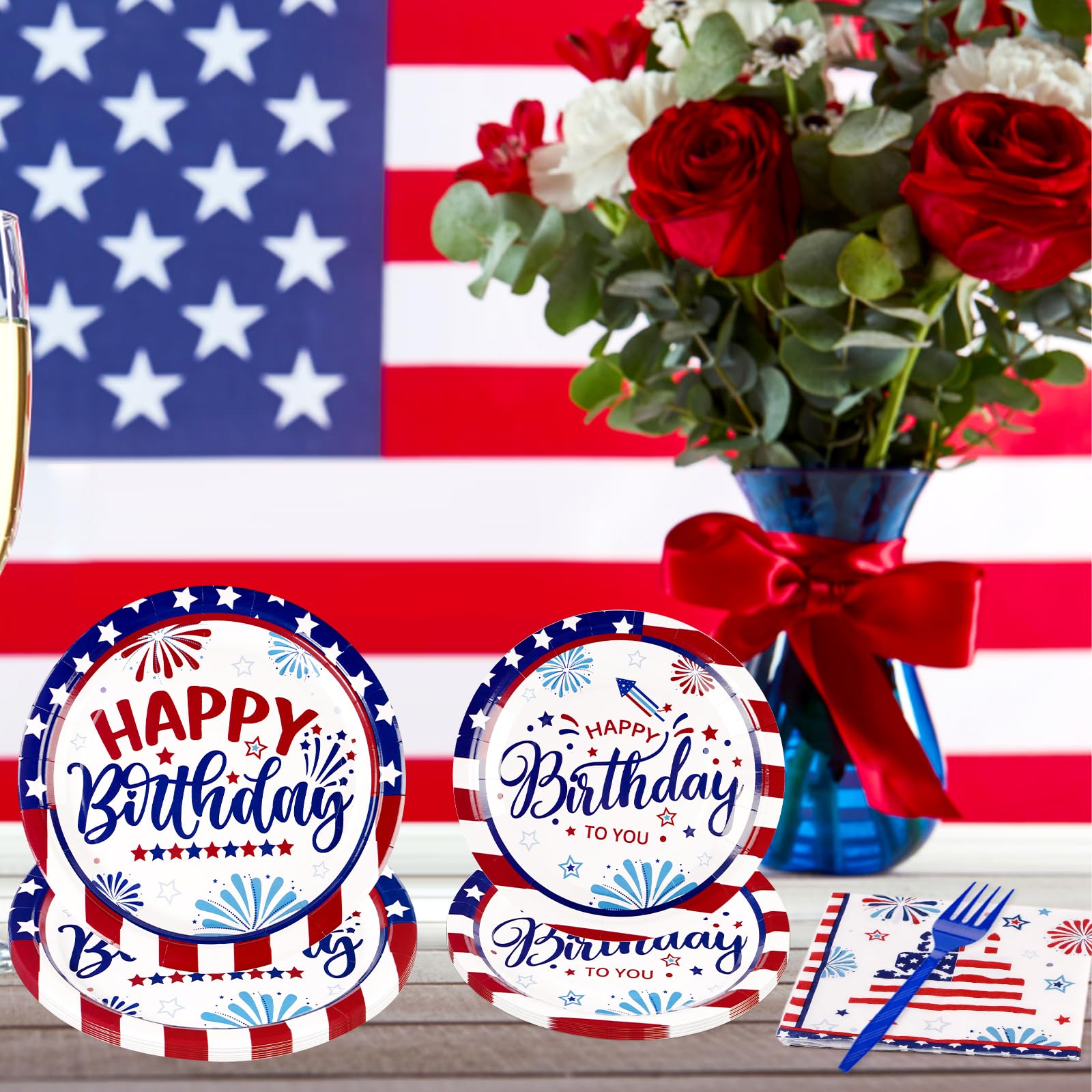 96 Pcs Patriotic Birthday Party Plates and Napkins - Grencian