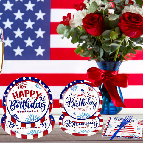 96 Pcs Patriotic Birthday Party Plates and Napkins - Grencian