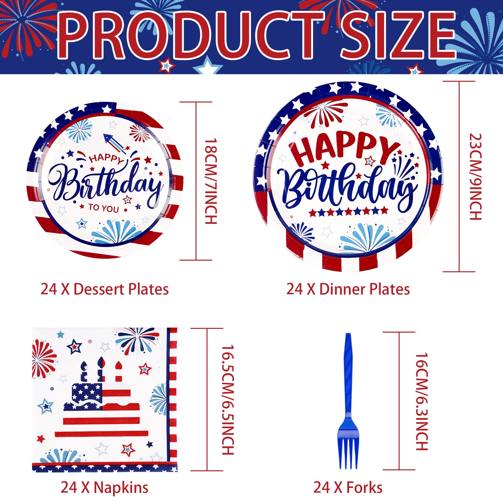 96 Pcs Patriotic Birthday Party Plates and Napkins - Grencian
