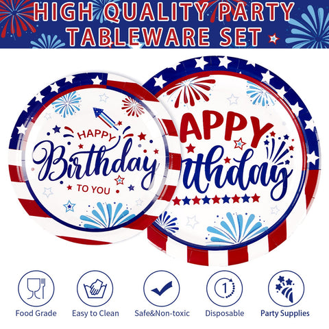 96 Pcs Patriotic Birthday Party Plates and Napkins - Grencian