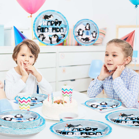 96 Pcs Penguin Birthday Party Plates and Napkins - Grencian