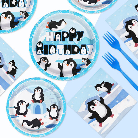 96 Pcs Penguin Birthday Party Plates and Napkins - Grencian
