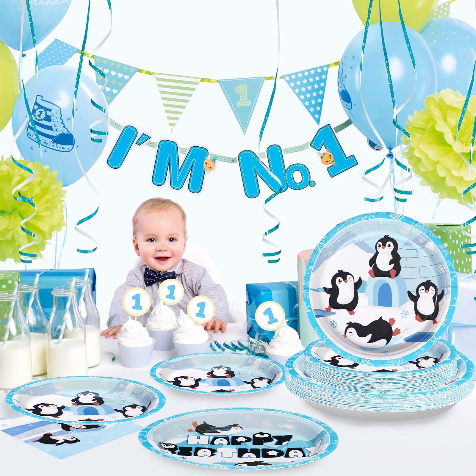 96 Pcs Penguin Birthday Party Plates and Napkins - Grencian
