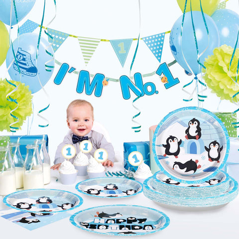 96 Pcs Penguin Birthday Party Plates and Napkins - Grencian
