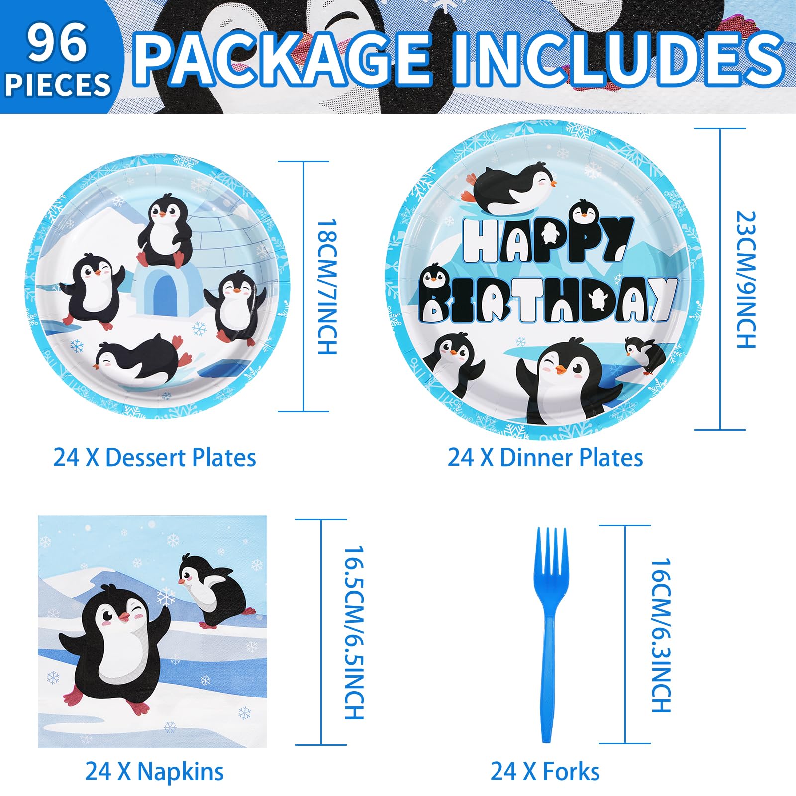96 Pcs Penguin Birthday Party Plates and Napkins - Grencian