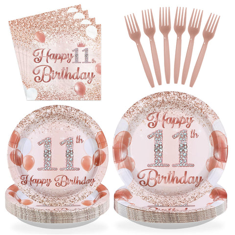 96 Pcs Rose Gold 11th Birthday Party Plates and Napkins