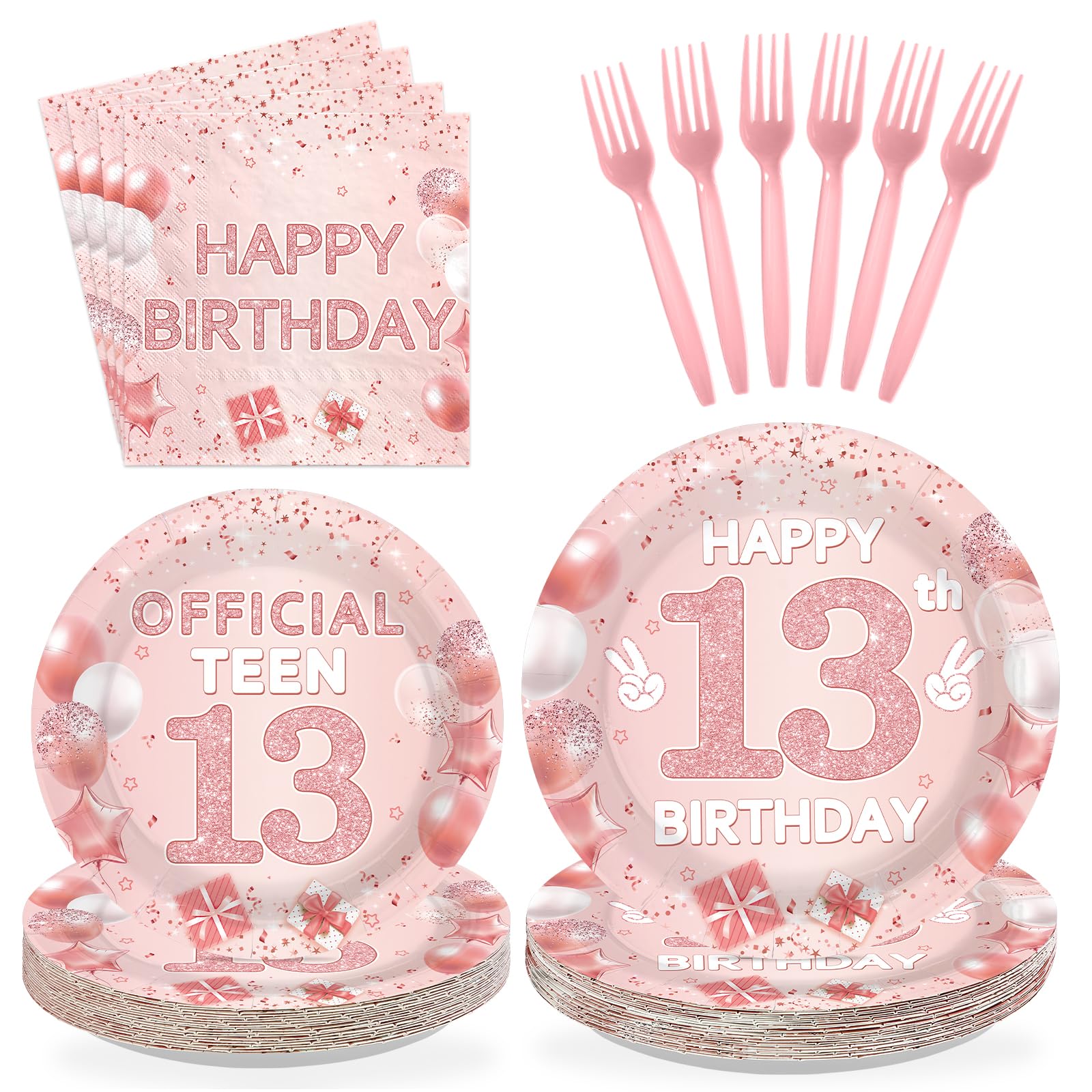 96 Pcs Pink 13th Birthday Party Plates and Napkins - Grencian