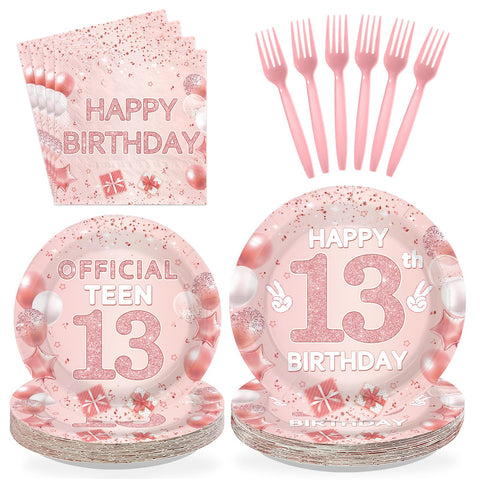 96 Pcs Pink 13th Birthday Party Plates and Napkins - Grencian