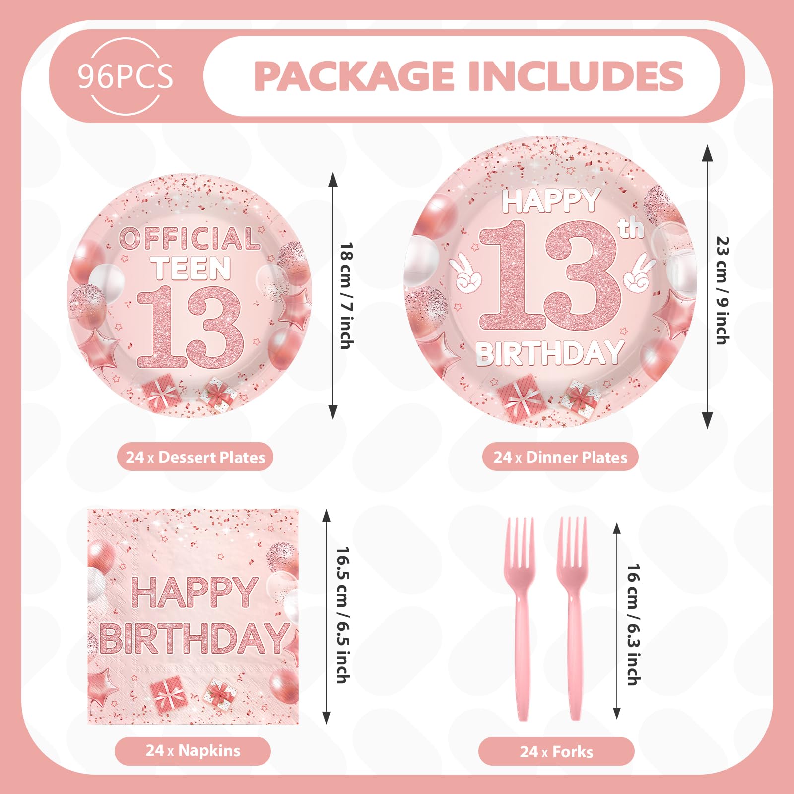 96 Pcs Pink 13th Birthday Party Plates and Napkins - Grencian