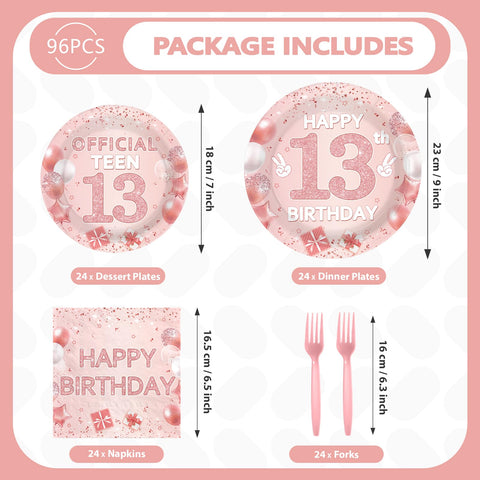 96 Pcs Pink 13th Birthday Party Plates and Napkins - Grencian