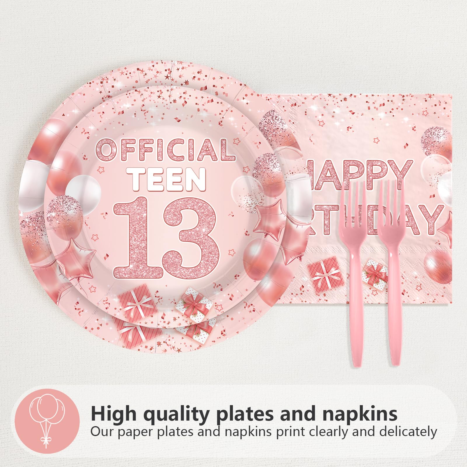 96 Pcs Pink 13th Birthday Party Plates and Napkins - Grencian