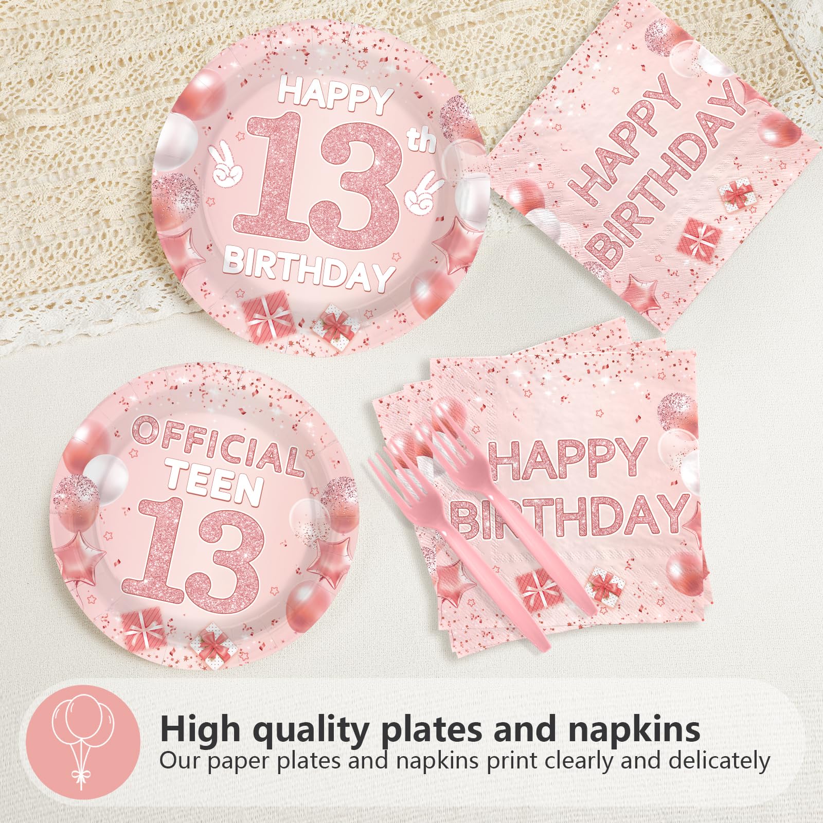 96 Pcs Pink 13th Birthday Party Plates and Napkins - Grencian