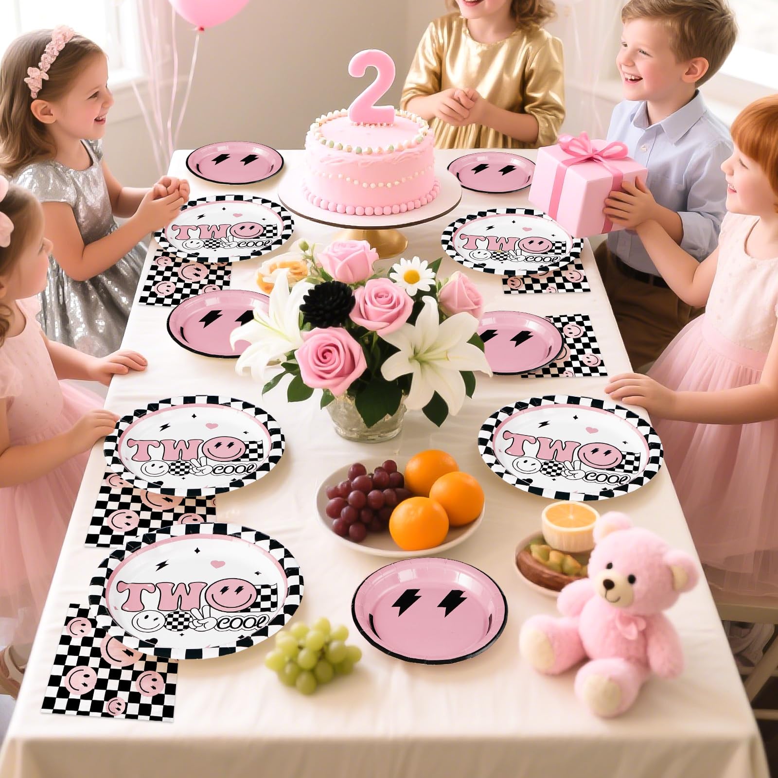 96 Pcs Pink 2nd Birthday Party Plates and Napkins - Grencian