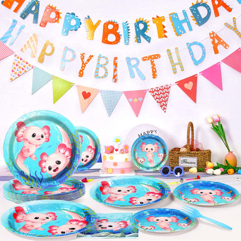 96 Pcs Pink Axolotl Party Plates and Napkins - Grencian