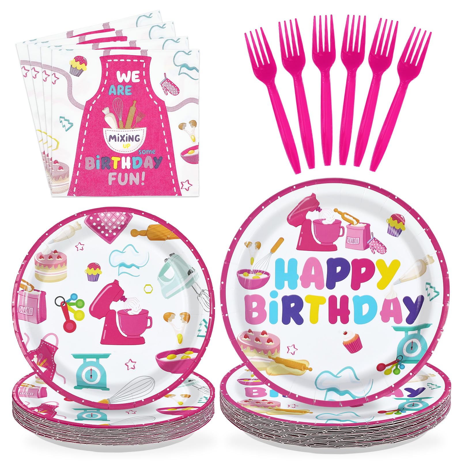 96 Pcs Pink Baking Birthday Party Plates and Napkins - Grencian