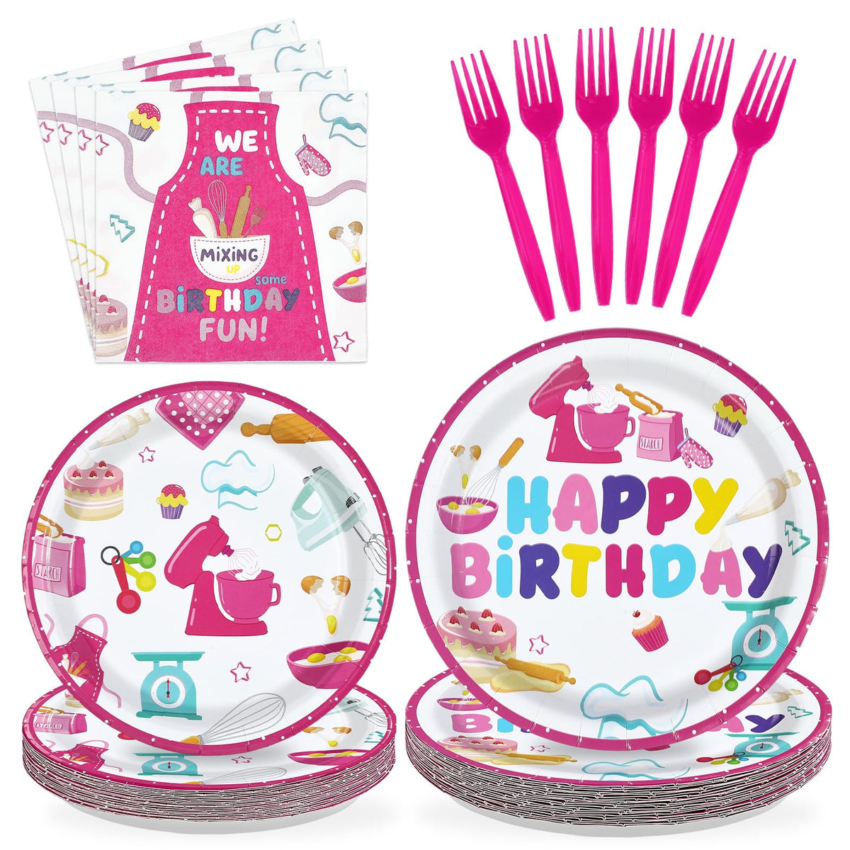96 Pcs Pink Baking Birthday Party Plates and Napkins - Grencian
