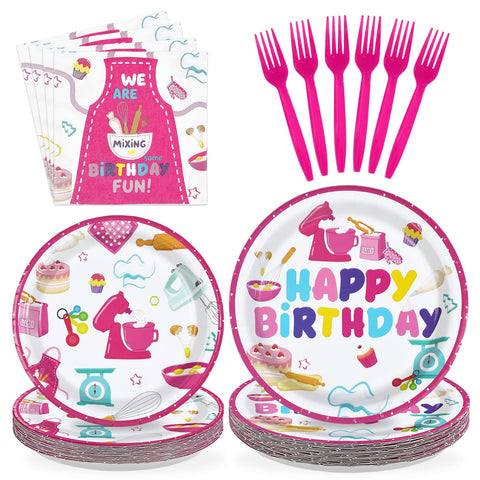 96 Pcs Pink Baking Birthday Party Plates and Napkins - Grencian