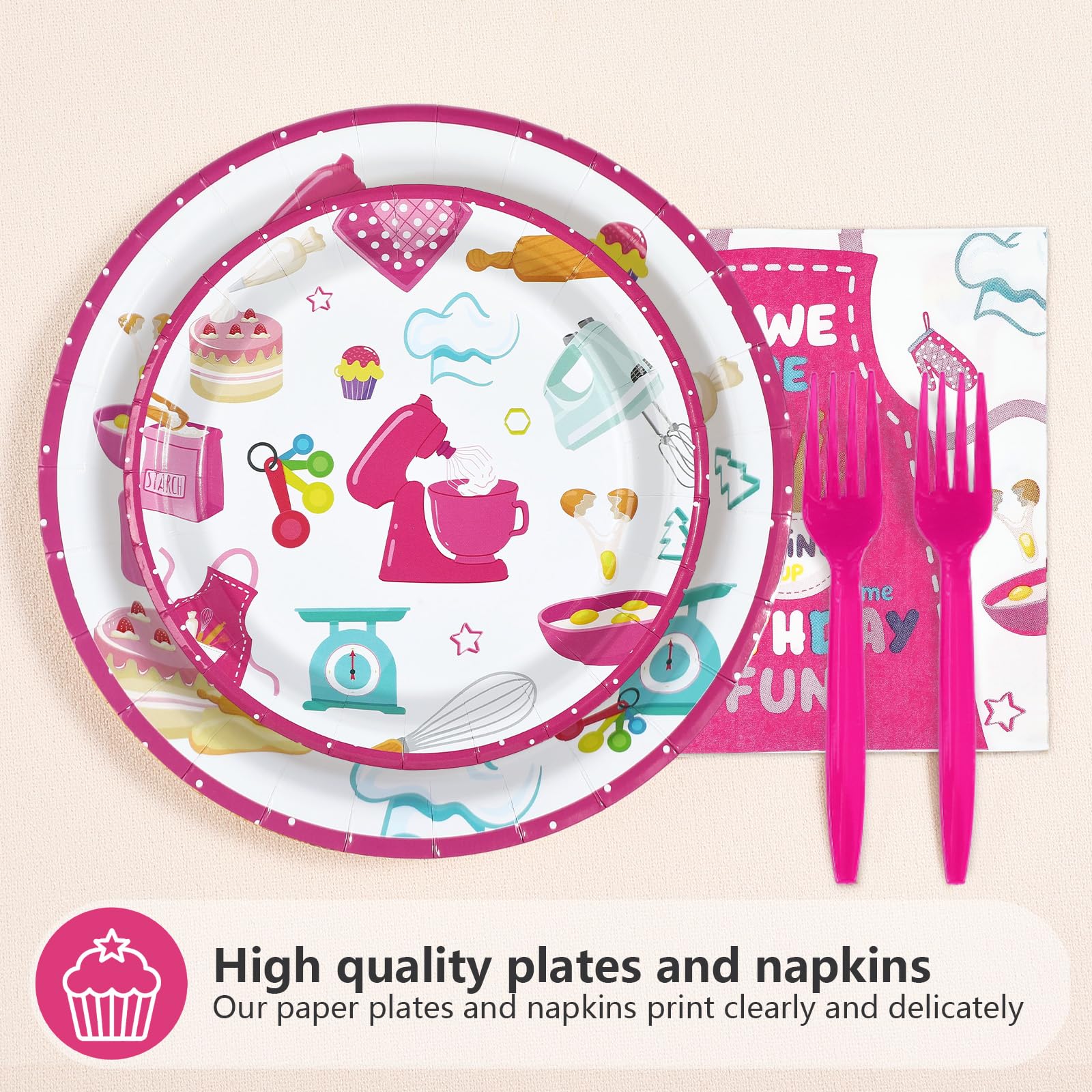 96 Pcs Pink Baking Birthday Party Plates and Napkins - Grencian
