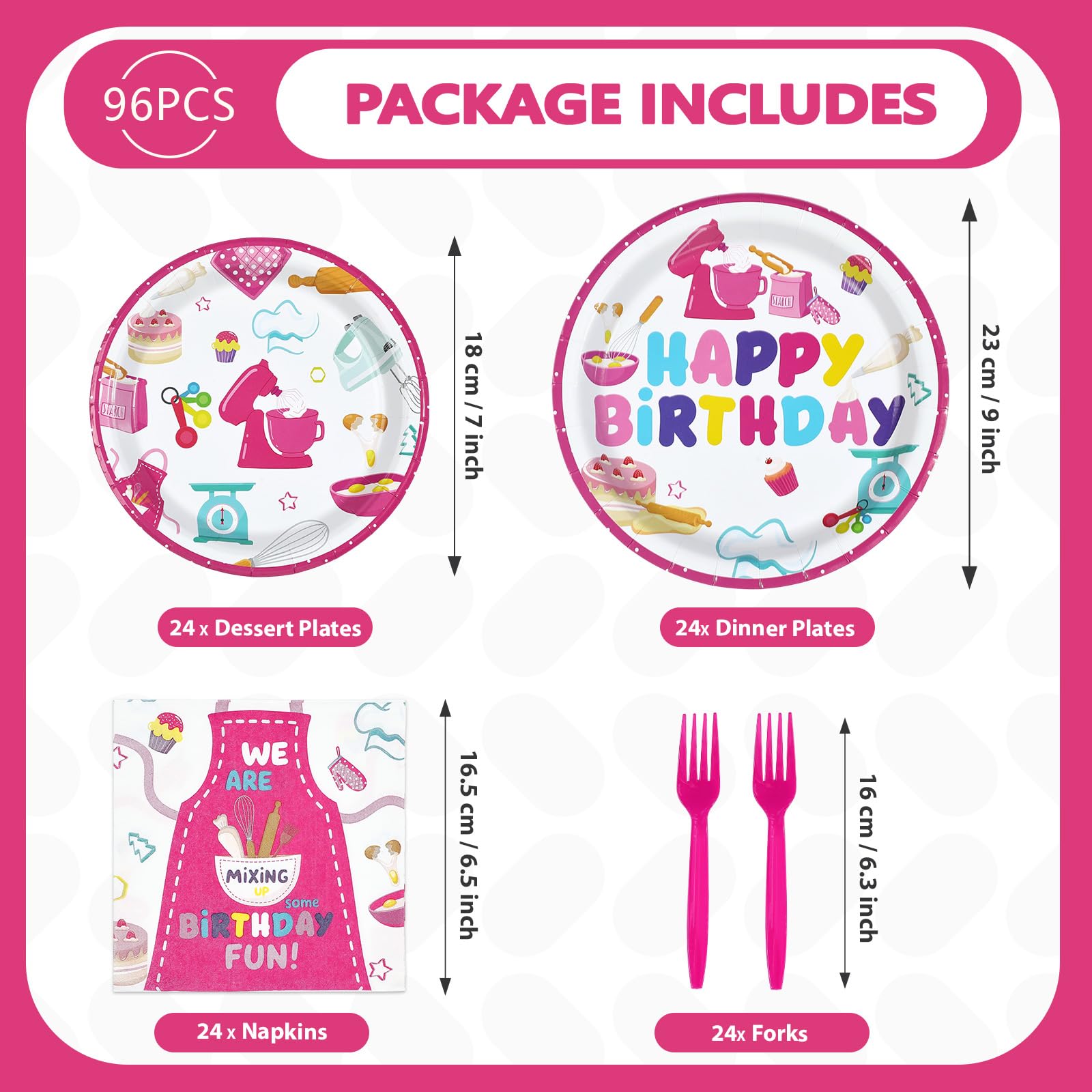 96 Pcs Pink Baking Birthday Party Plates and Napkins - Grencian