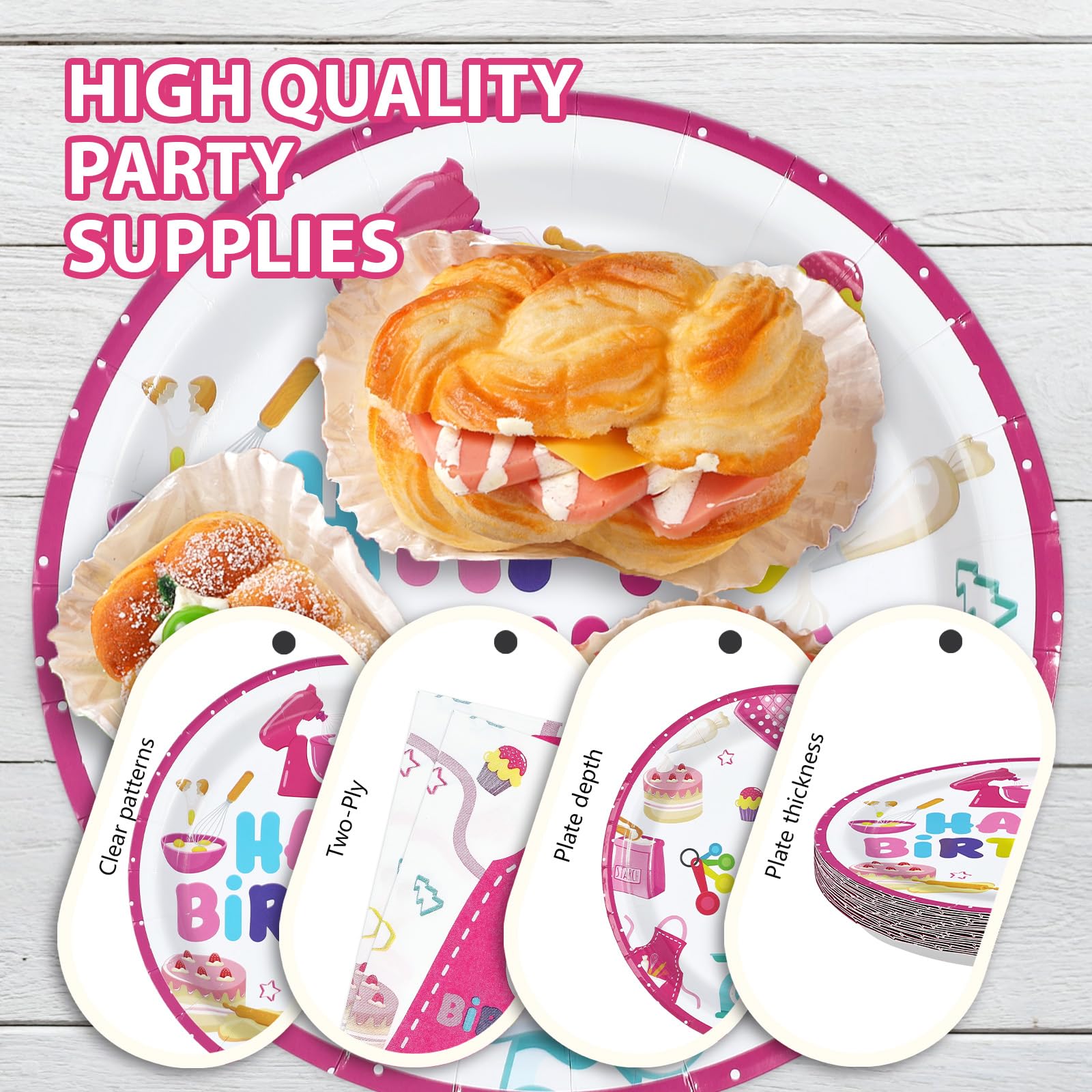 96 Pcs Pink Baking Birthday Party Plates and Napkins - Grencian