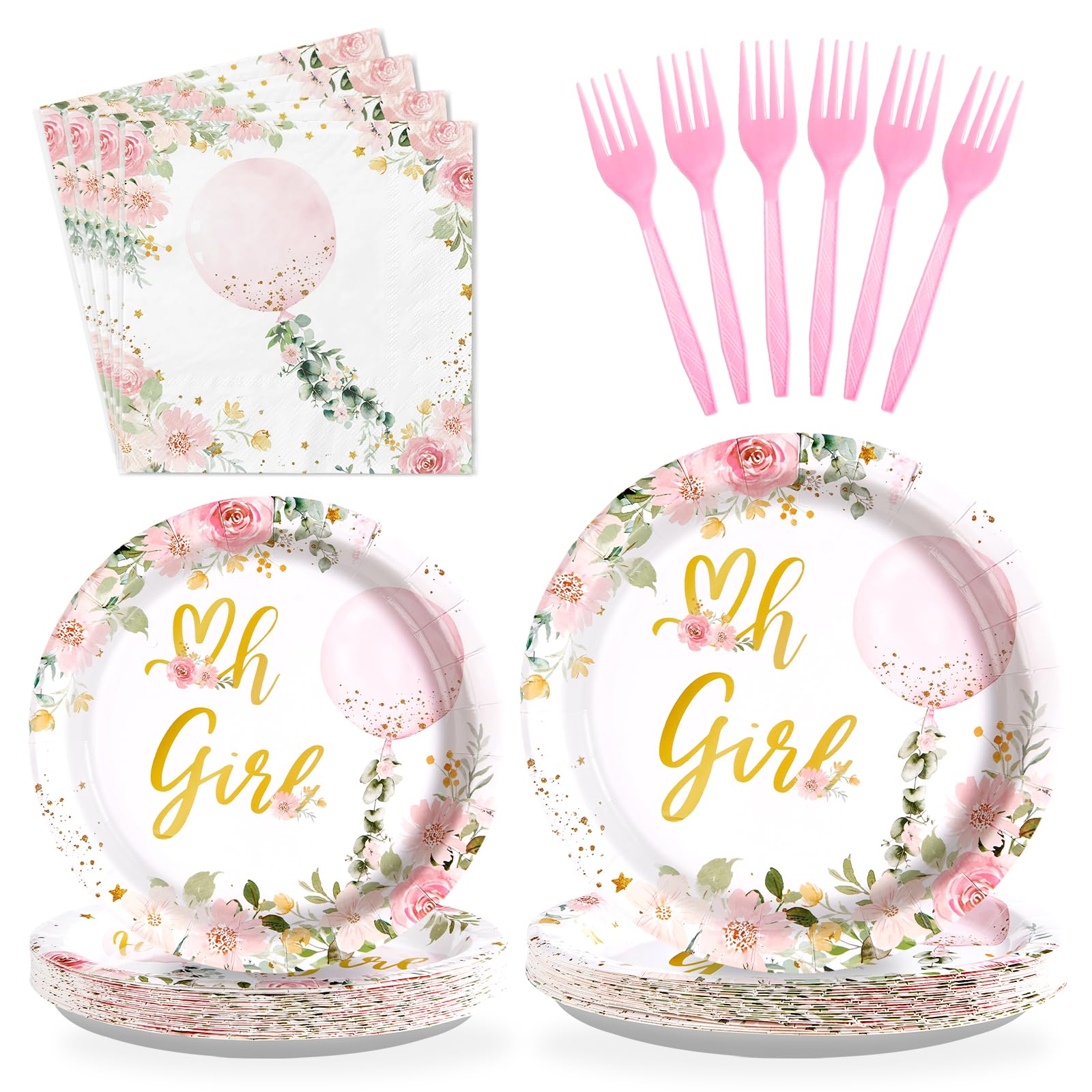 96 Pcs Pink Balloon Baby Shower Party Plates and Napkins - Grencian
