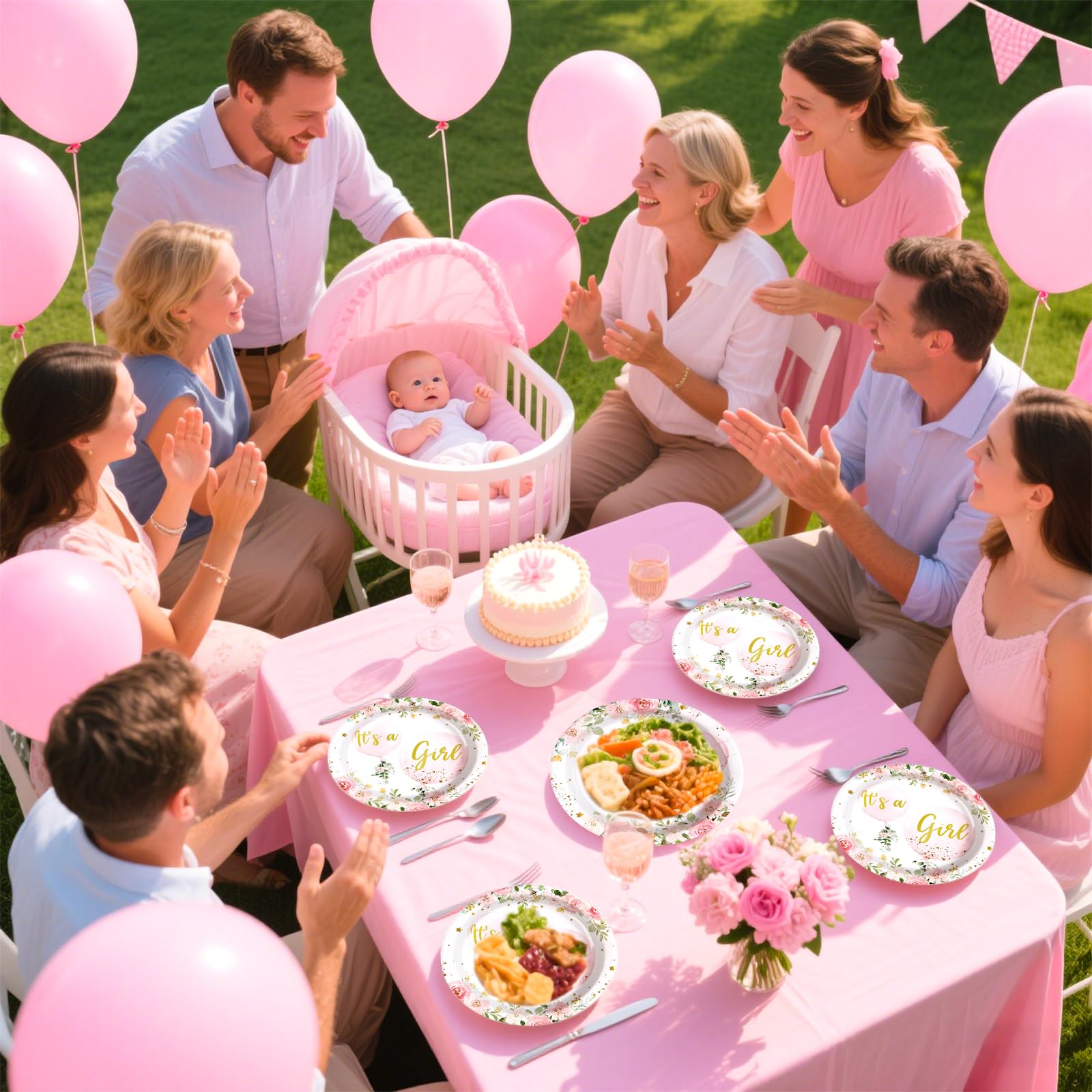 96 Pcs Pink Balloon Baby Shower Party Plates and Napkins - Grencian