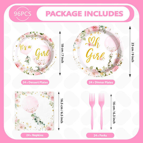 96 Pcs Pink Balloon Baby Shower Party Plates and Napkins - Grencian