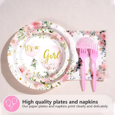 96 Pcs Pink Balloon Baby Shower Party Plates and Napkins - Grencian