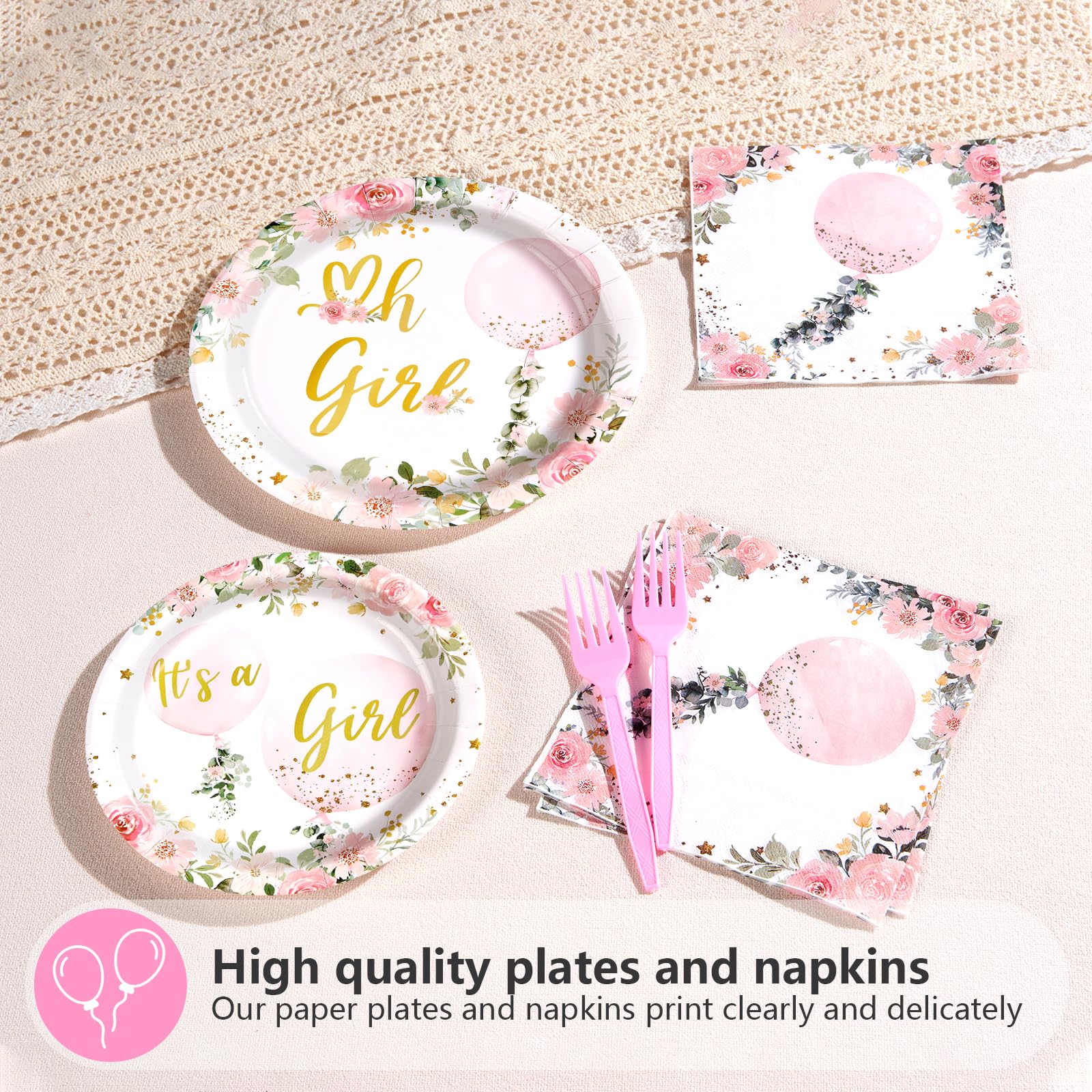 96 Pcs Pink Balloon Baby Shower Party Plates and Napkins - Grencian