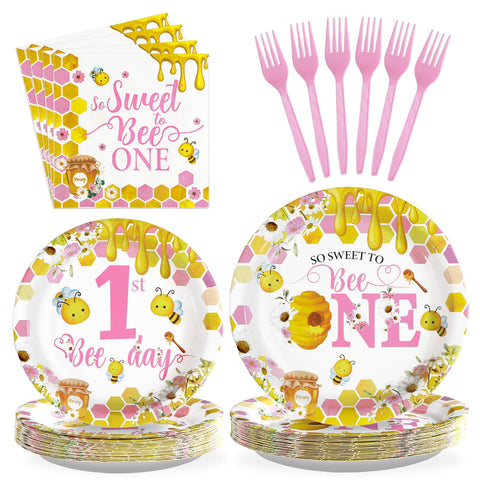 96 Pcs Pink Bee 1st Birthday Party Plates and Napkins