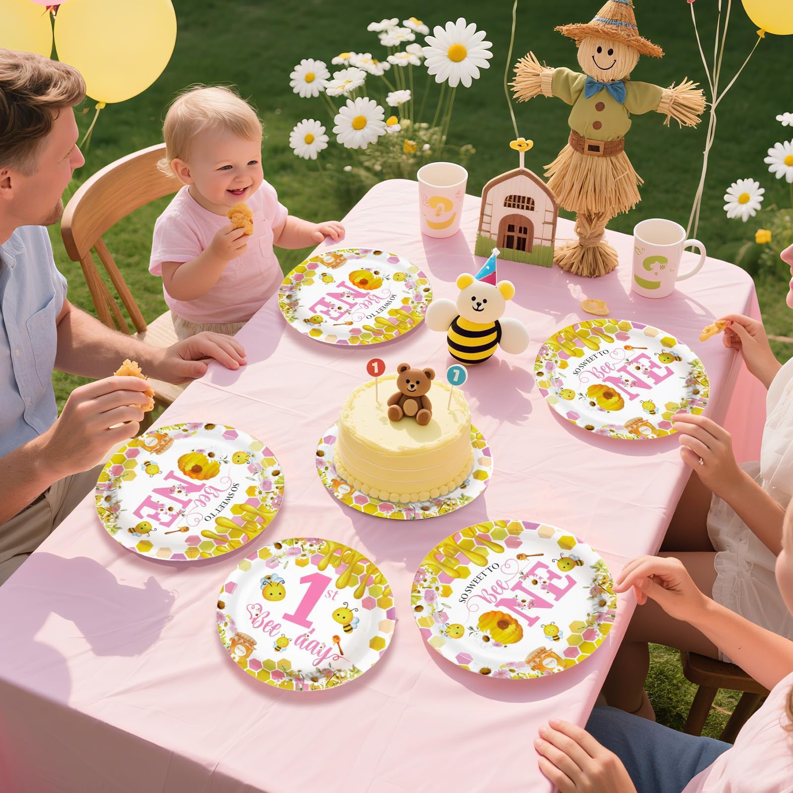 96 Pcs Pink Bee 1st Birthday Party Plates and Napkins