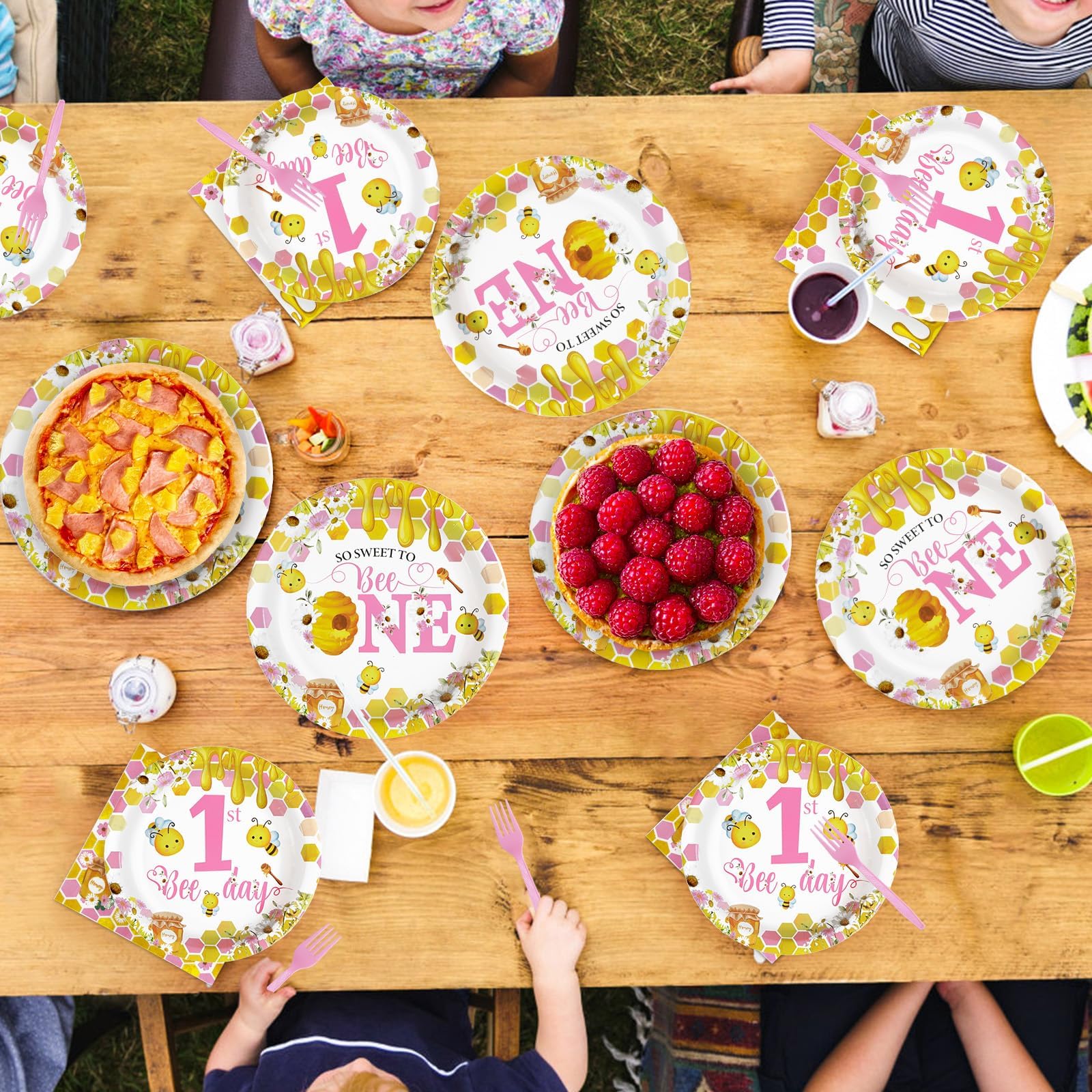 96 Pcs Pink Bee 1st Birthday Party Plates and Napkins