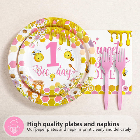 96 Pcs Pink Bee 1st Birthday Party Plates and Napkins