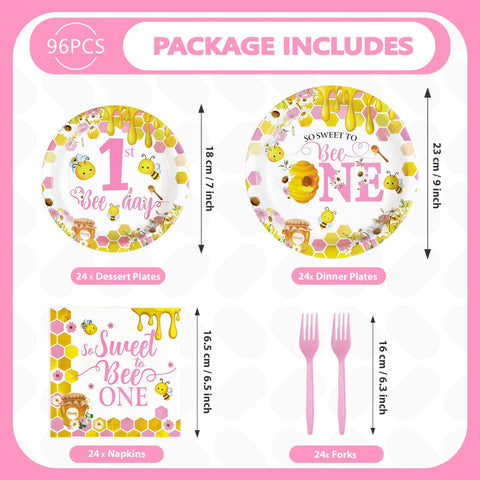 96 Pcs Pink Bee 1st Birthday Party Plates and Napkins
