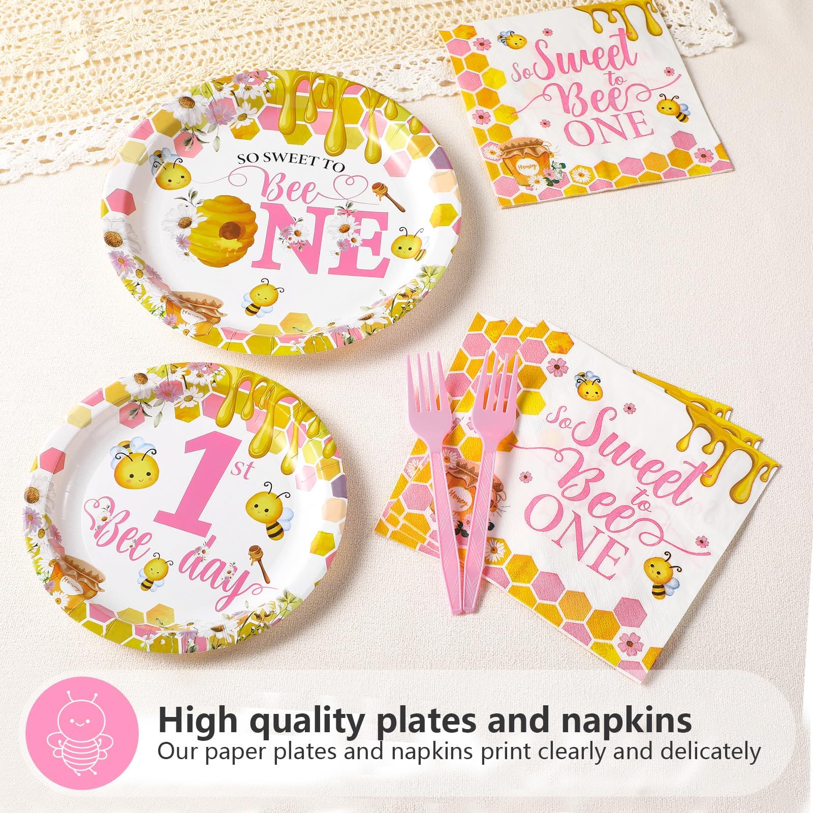 96 Pcs Pink Bee 1st Birthday Party Plates and Napkins