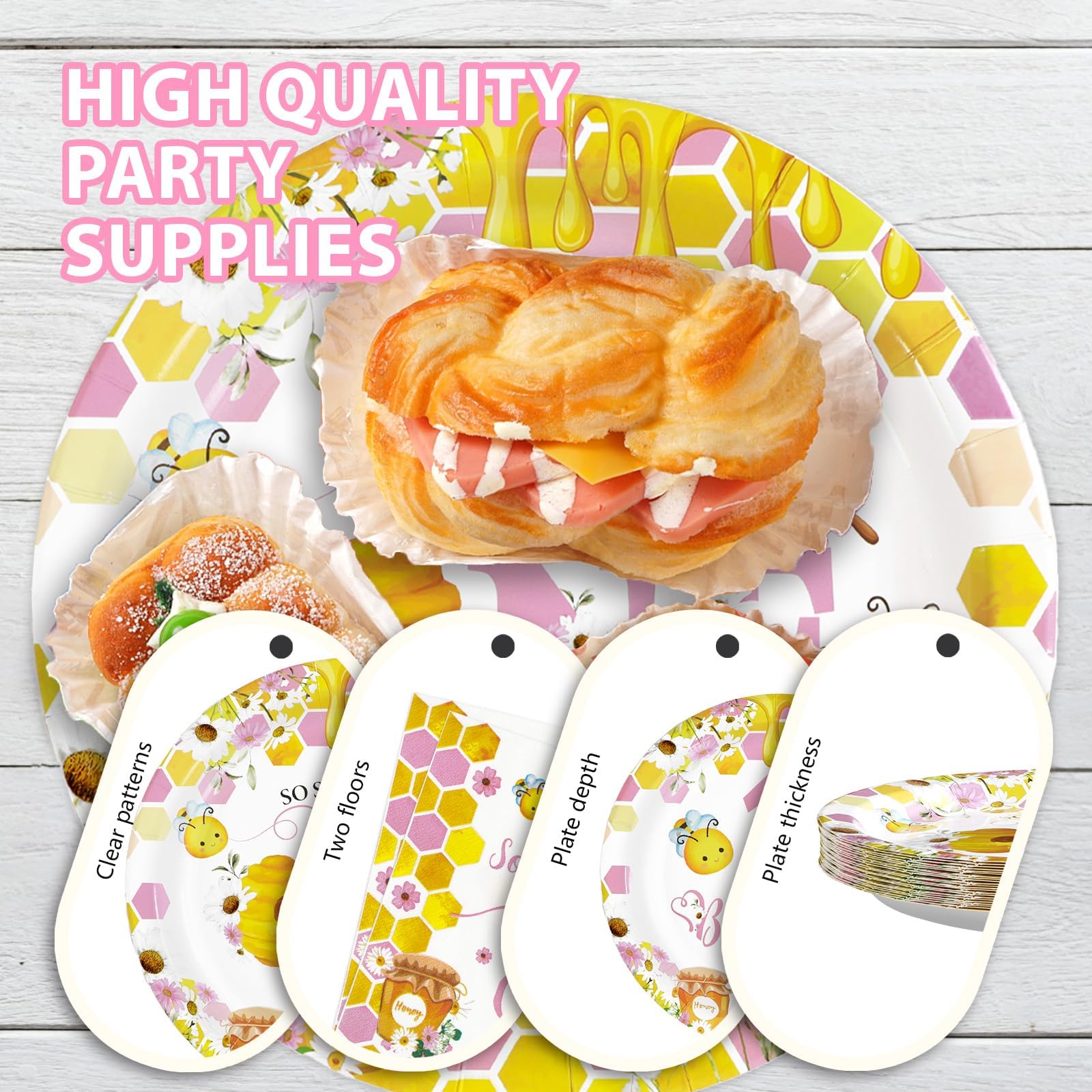 96 Pcs Pink Bee 1st Birthday Party Plates and Napkins
