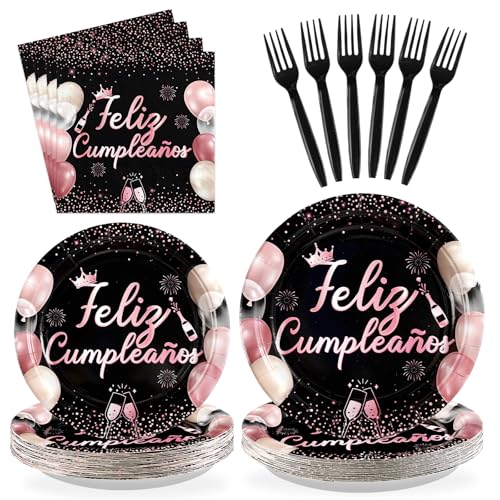 96 Pcs Pink Black Mexican Birthday Party Plates and Napkins - Grencian