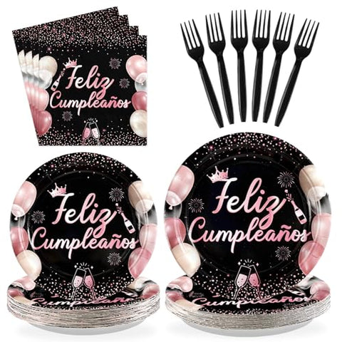 96 Pcs Pink Black Mexican Birthday Party Plates and Napkins - Grencian