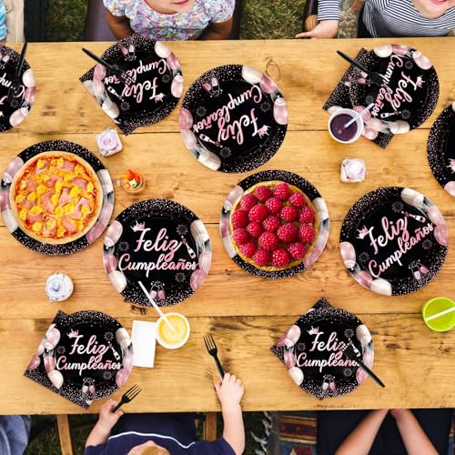 96 Pcs Pink Black Mexican Birthday Party Plates and Napkins - Grencian