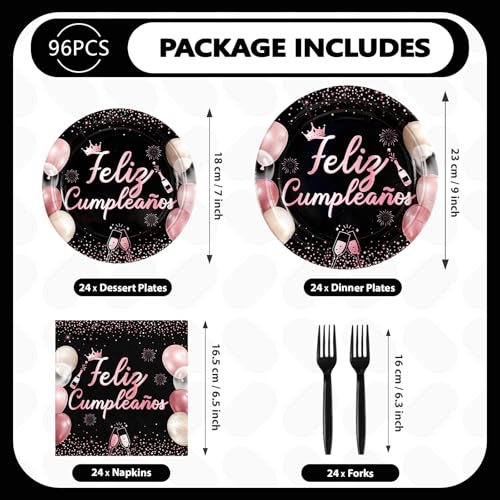 96 Pcs Pink Black Mexican Birthday Party Plates and Napkins - Grencian