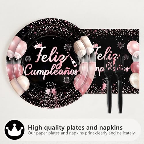 96 Pcs Pink Black Mexican Birthday Party Plates and Napkins - Grencian