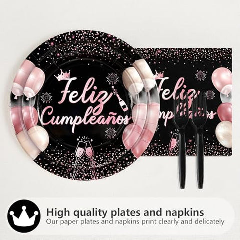 96 Pcs Pink Black Mexican Birthday Party Plates and Napkins - Grencian
