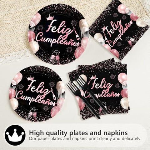 96 Pcs Pink Black Mexican Birthday Party Plates and Napkins - Grencian