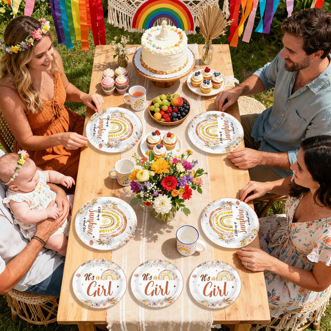 96 Pcs Pink Boho Baby Shower Party Plates and Napkins - Grencian