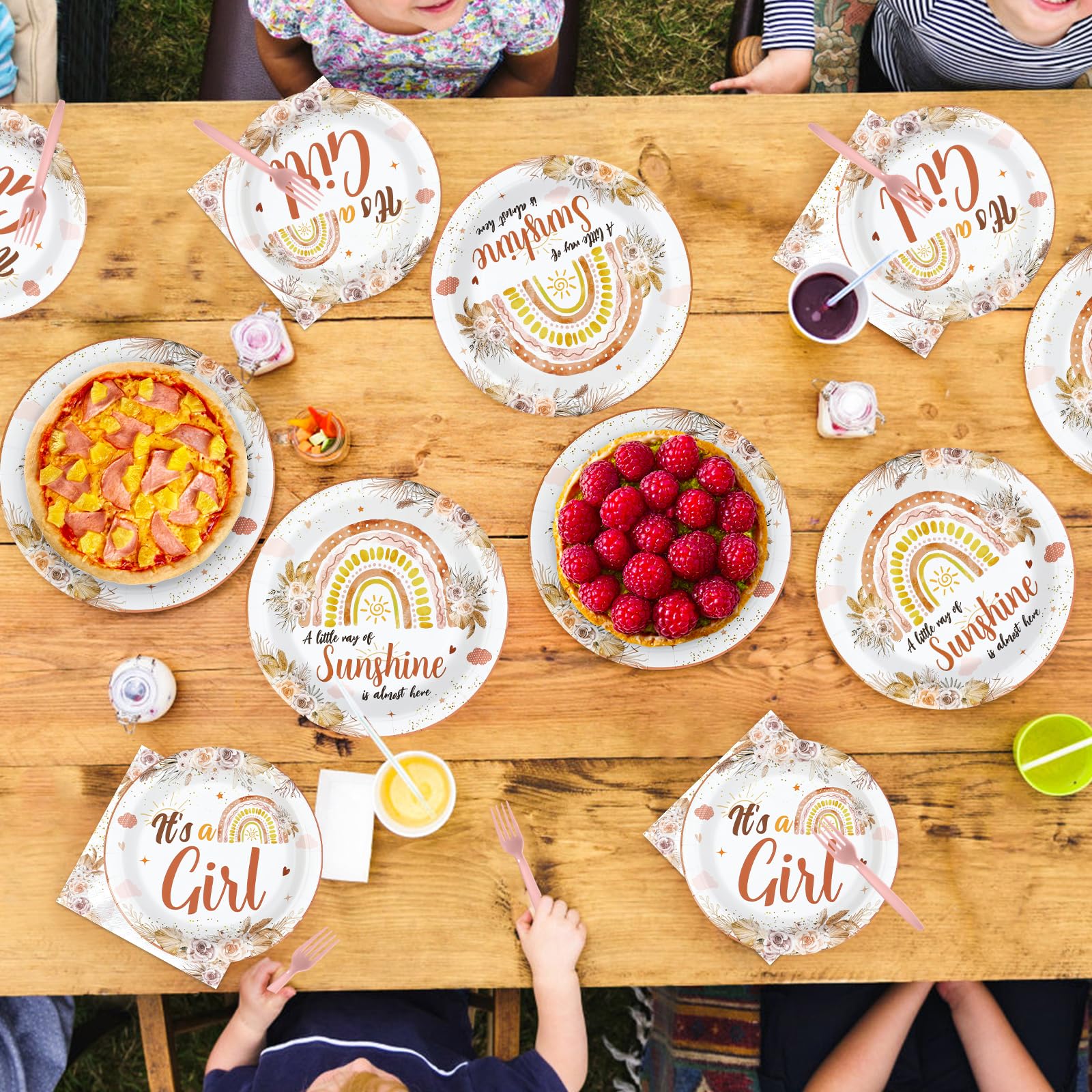 96 Pcs Pink Boho Baby Shower Party Plates and Napkins - Grencian