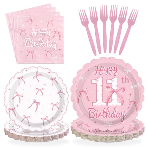 96 Pcs Pink Bow 11th Birthday Party Scalloped Plates and Napkins - Grencian