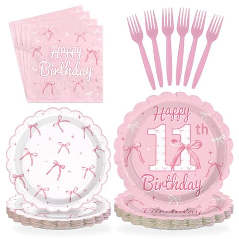 96 Pcs Pink Bow 11th Birthday Party Scalloped Plates and Napkins - Grencian